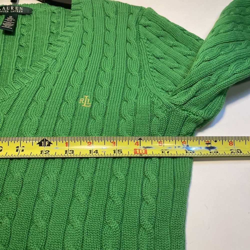 Lauren Ralph Lauren Women Green Cable Knit V-Neck Cotton Sweater M Preppy Tennis - Picture 7 of 10